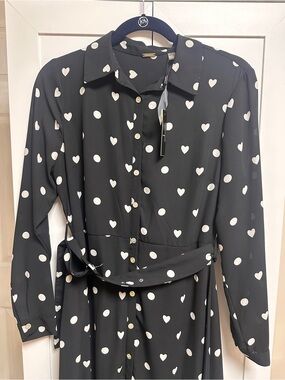 Black Button-Front Shirt Dress with White Heart & polka Dot Print size 6